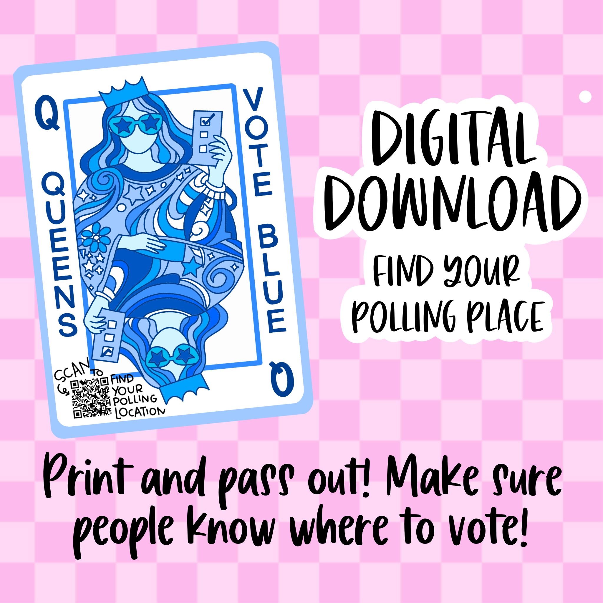 DIGITAL DOWNLOAD Queens Vote Blue Playing Card Find Polling Location P ...